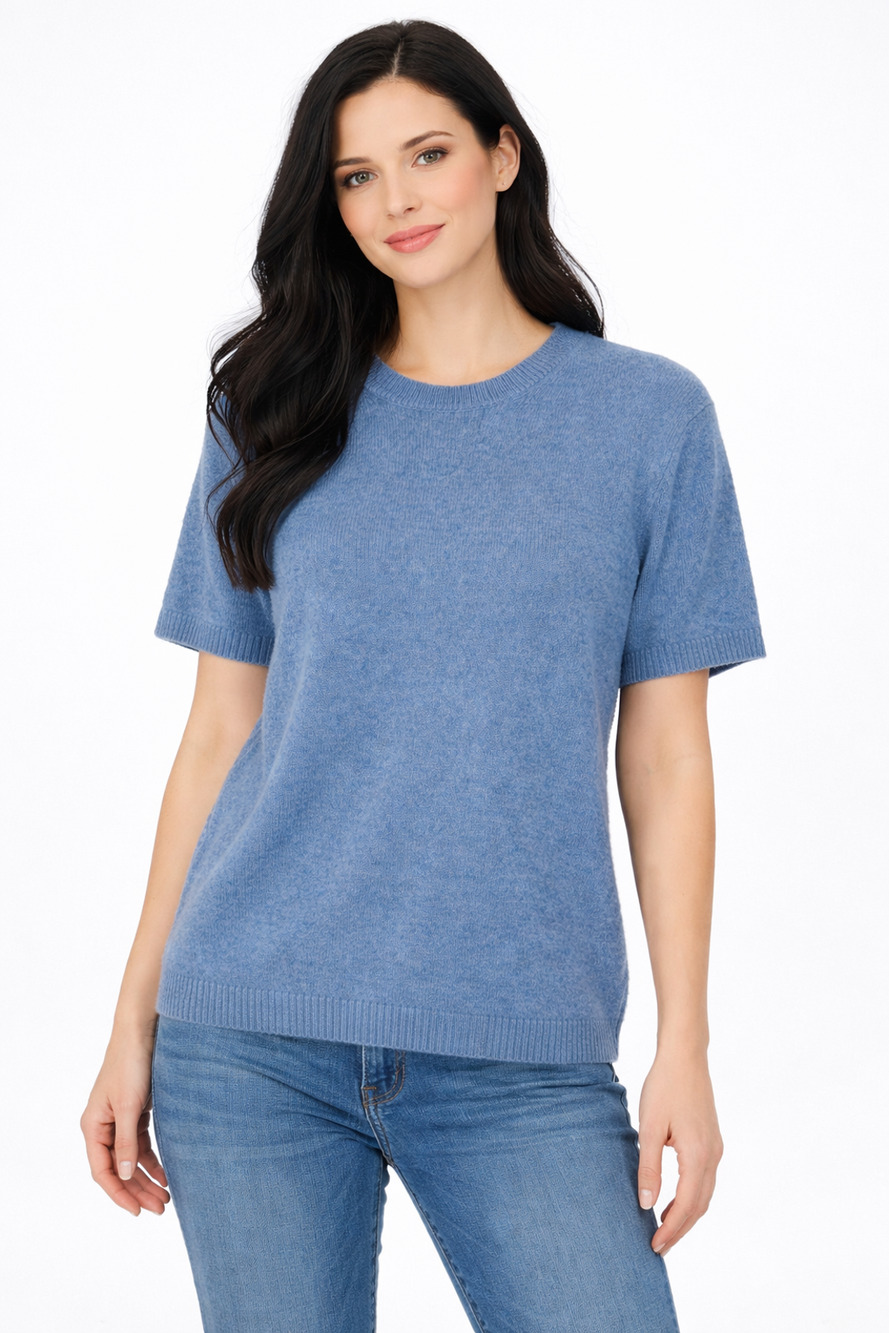 Harper Lane Cashmere Carter Crewneck Short Sleeve Sweater Womens Medium Blue NWT